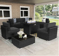 8 Pieces Patio Furniture Set With 44" Propane Fire Pit Table, Outdoor Sectional Wicker Conversation Sofa Sets with Coffee Table