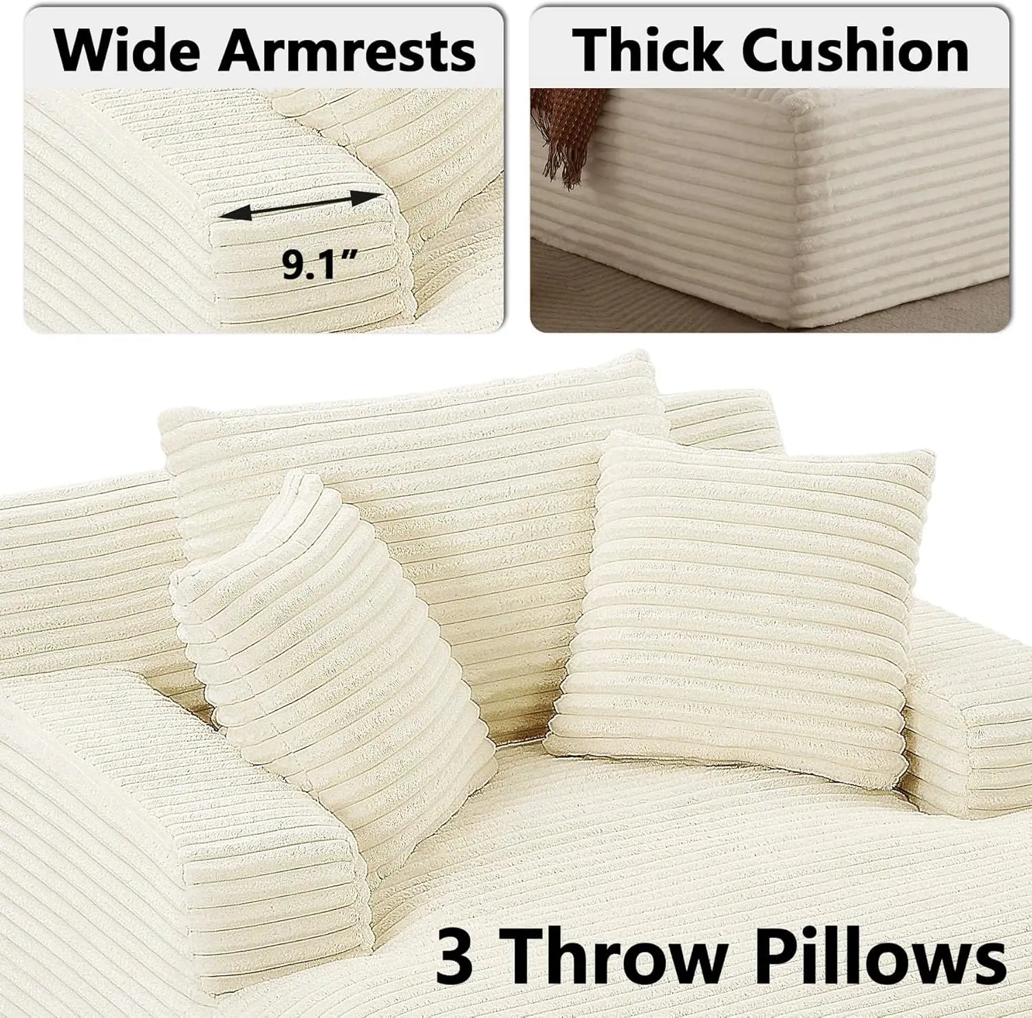 Oversized Chaise Lounge Chair with 3 Comfy Pillows for Living Room Bedroom, Wide Arms Corduroy Fabric High-Density