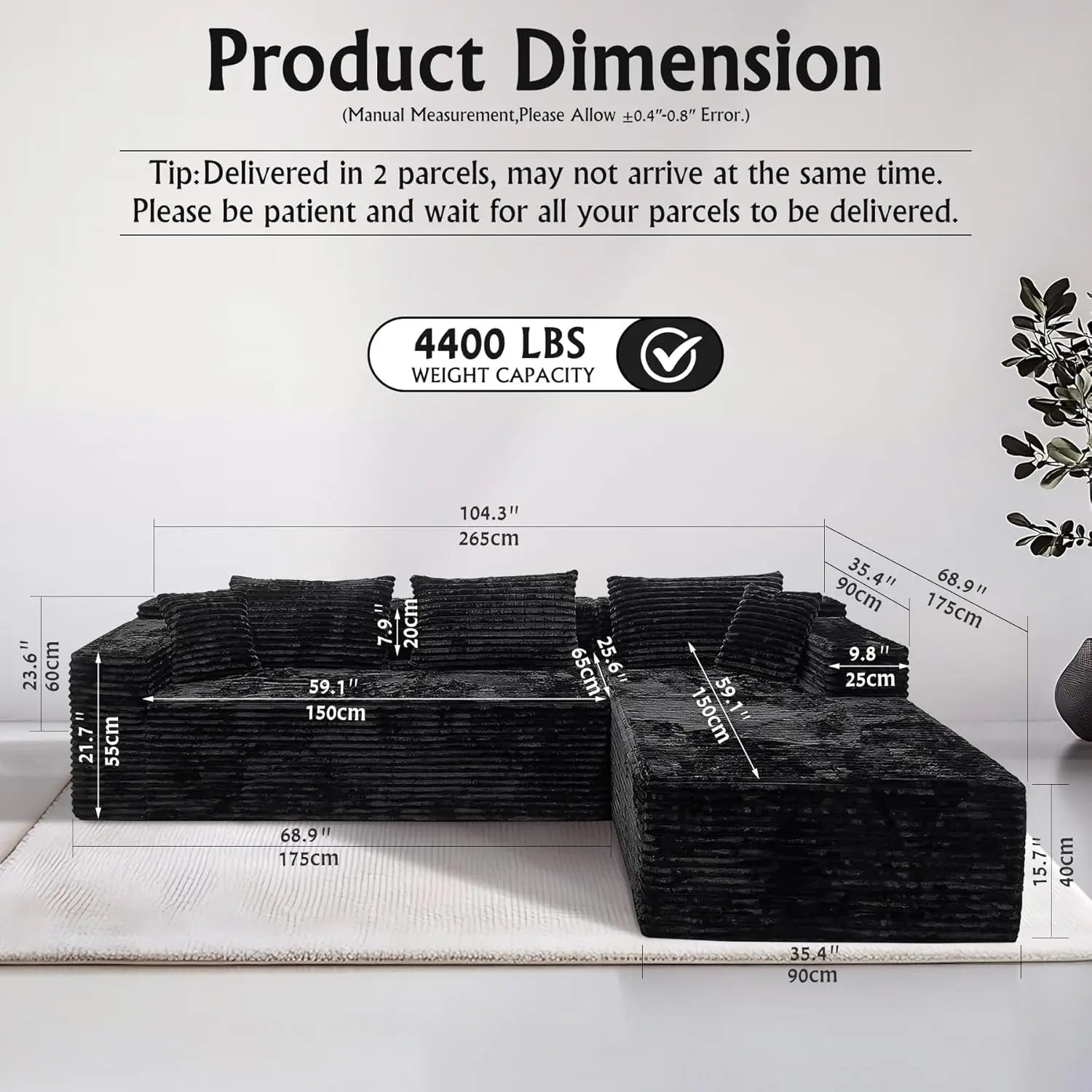 Black sectional couches for Living Room Corduroy Couch，104" Cloud Sectional Couch with L-Shape Chaise， Modern, Customized