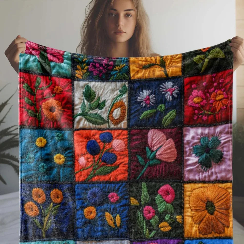 Vintage Floral Print Patchwork Flannel Blanket - Soft and Warm All Seasons Sofa Bed Car Camping Office Throw Blanket