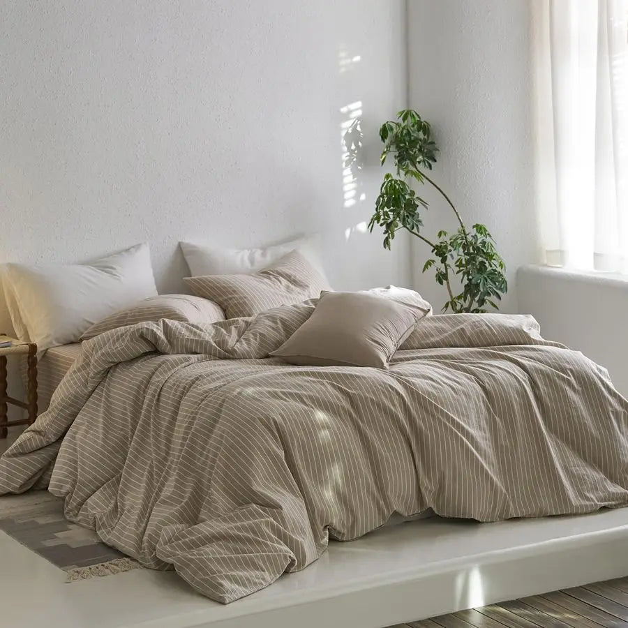 Striped Duvet Cover Set 100 Washed Cotton Linen Like Textured Breathable Durable Soft Comfy Tannish Linen Grey White Wide Stripe