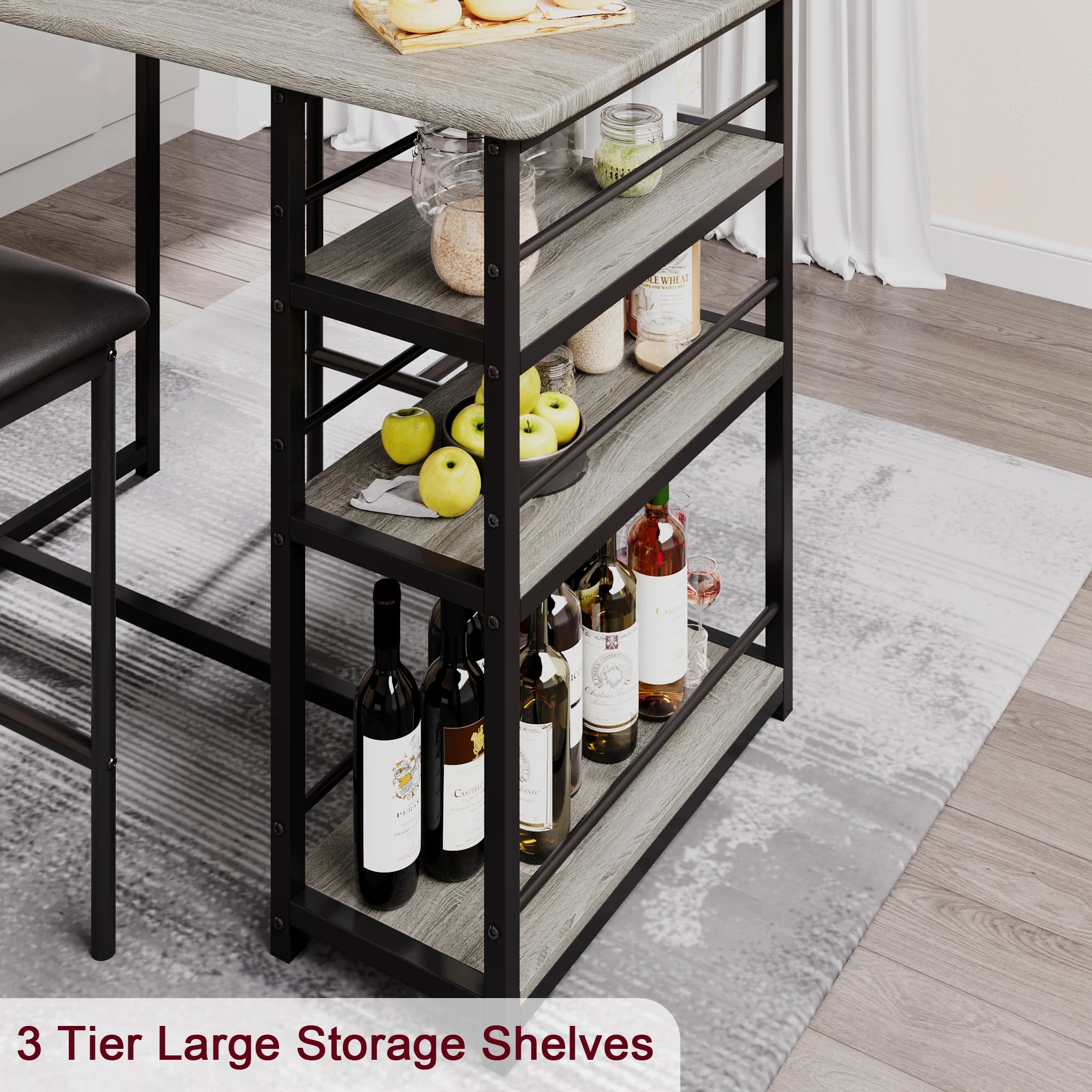 Dining Table Set with 3-Tier Shelves Bar Kitchen Table Set with 2 Padded Chairs