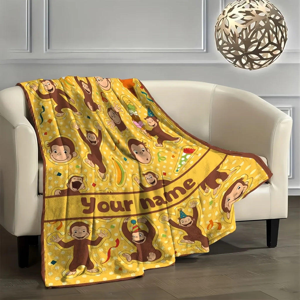 Personalized Custom Name Blanket - Soft Flannel Throw with Cute Cartoon Monkeys, Bananas & Party Hats -  All-Season Cozy Gift fo