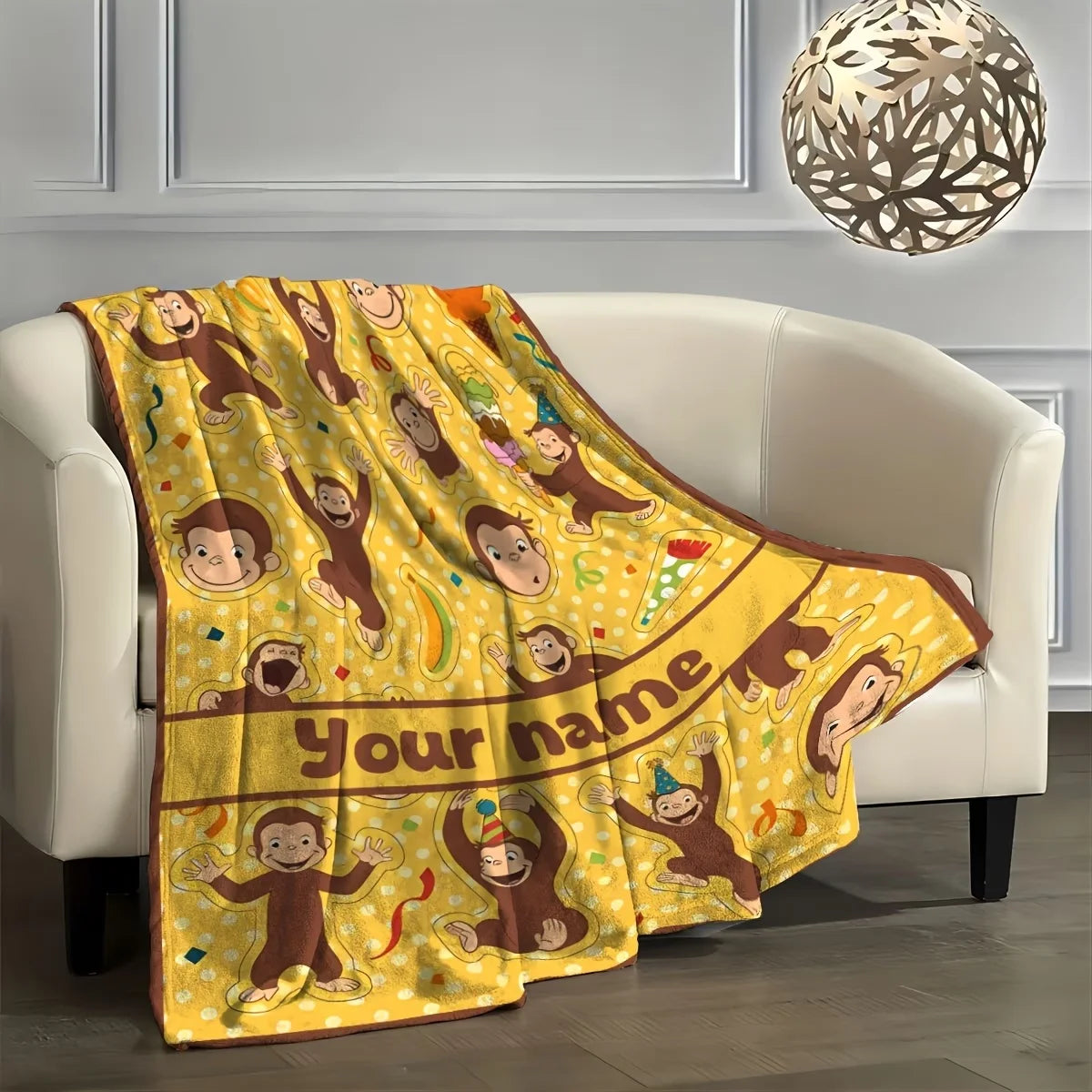 Personalized Custom Name Blanket - Soft Flannel Throw with Cute Cartoon Monkeys, Bananas & Party Hats -  All-Season Cozy Gift fo