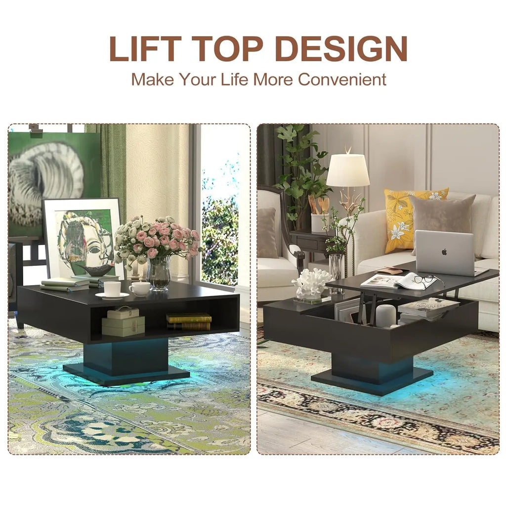 30.7" Lift Top Coffee Table with Storage, Square Black Led Coffee Table