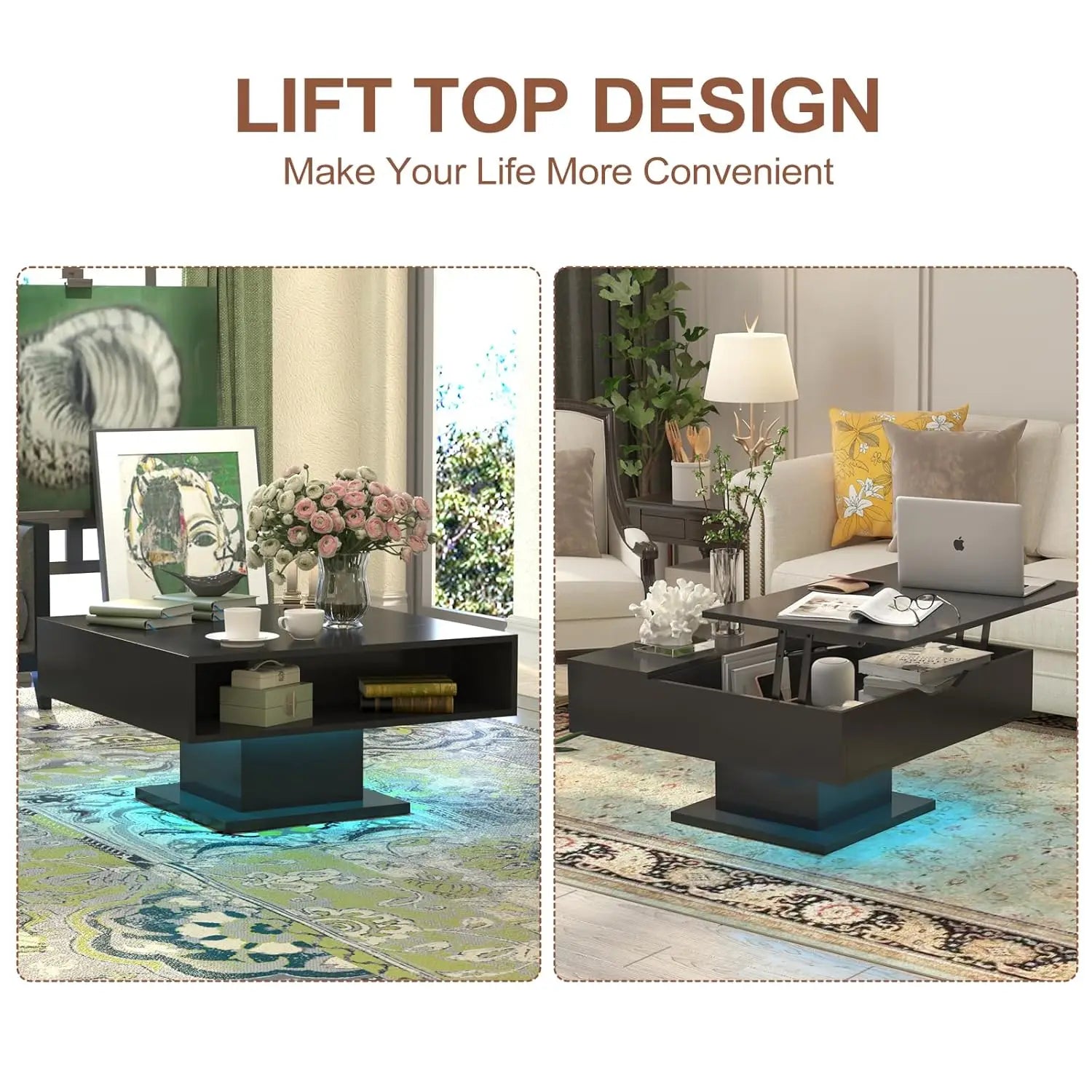 30.7" Lift Top Coffee Table with Storage, Square Black Led Coffee Table