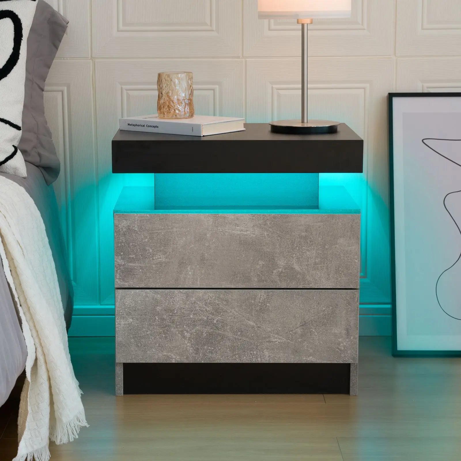 Cubehom LED Nightstand or End Table with 2 Drawers, RGB LED Lights