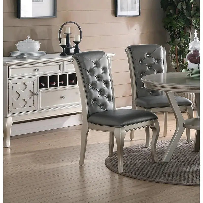 7pc Silver Hue Glass Dining Table Set with 6 Tufted Side Chairs