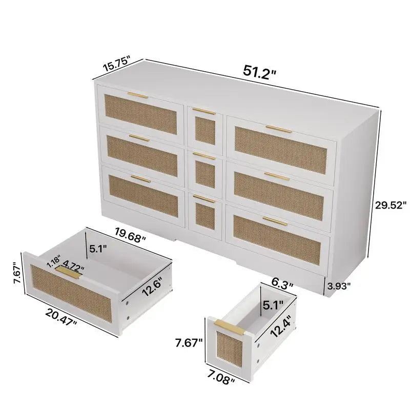 51.2” White Rattan Storage Locker with 9 Drawers and Metal Handles for Kitchen, Living Room, and Bedroom