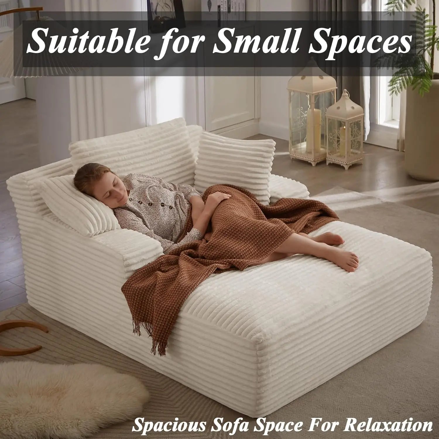 Oversized Chaise Lounge Chair with 3 Comfy Pillows for Living Room Bedroom, Wide Arms Corduroy Fabric High-Density