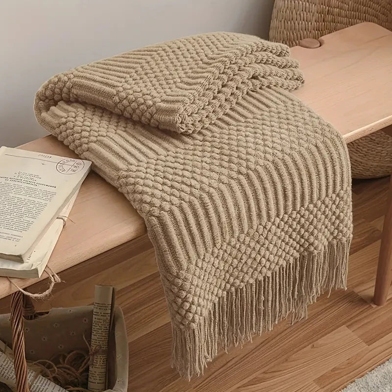 Knitted Thow With Tassels Chunky Vintage Luxury Farmhouse Throw
