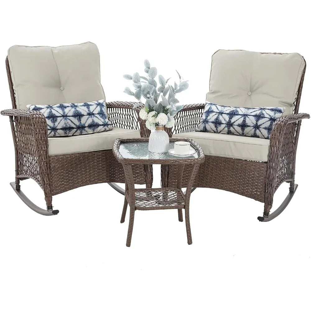 Patio Furniture Set 3 Pieces,  Wicker Outdoor Rocker Chairs and Coffee Table