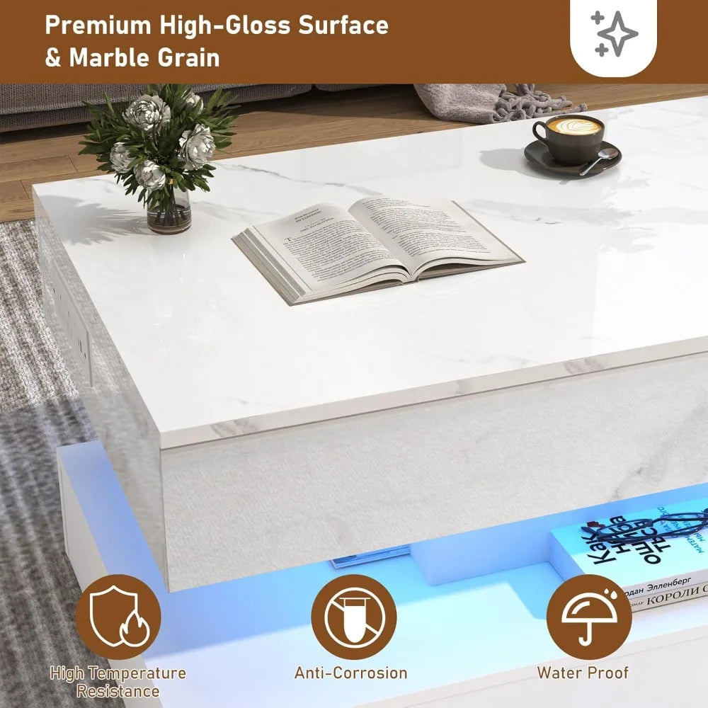39.4" Lift Top LED Coffee Table with Charging, Lights, Storage - Modern White Living Room Center Table