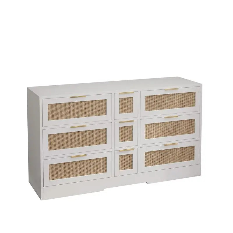 51.2” White Rattan Storage Locker with 9 Drawers and Metal Handles for Kitchen, Living Room, and Bedroom