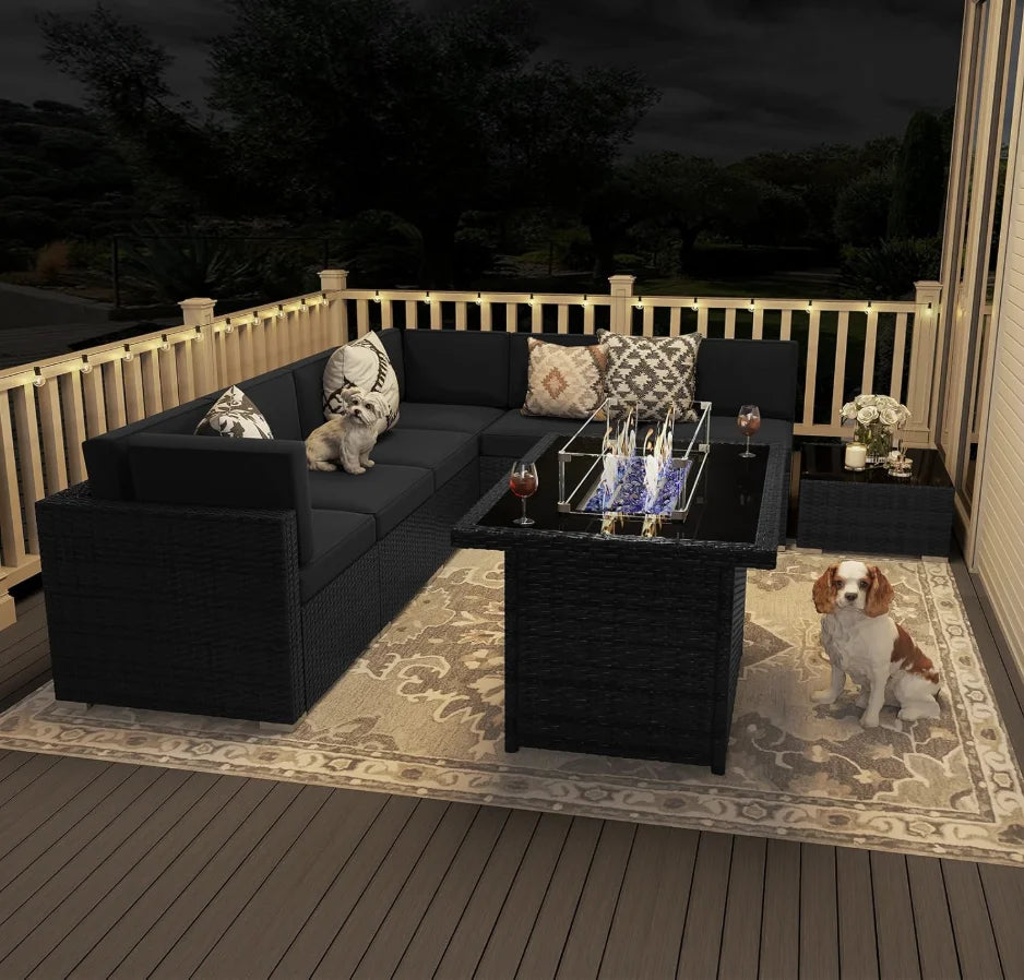 8 Pieces Patio Furniture Set With 44" Propane Fire Pit Table, Outdoor Sectional Wicker Conversation Sofa Sets with Coffee Table