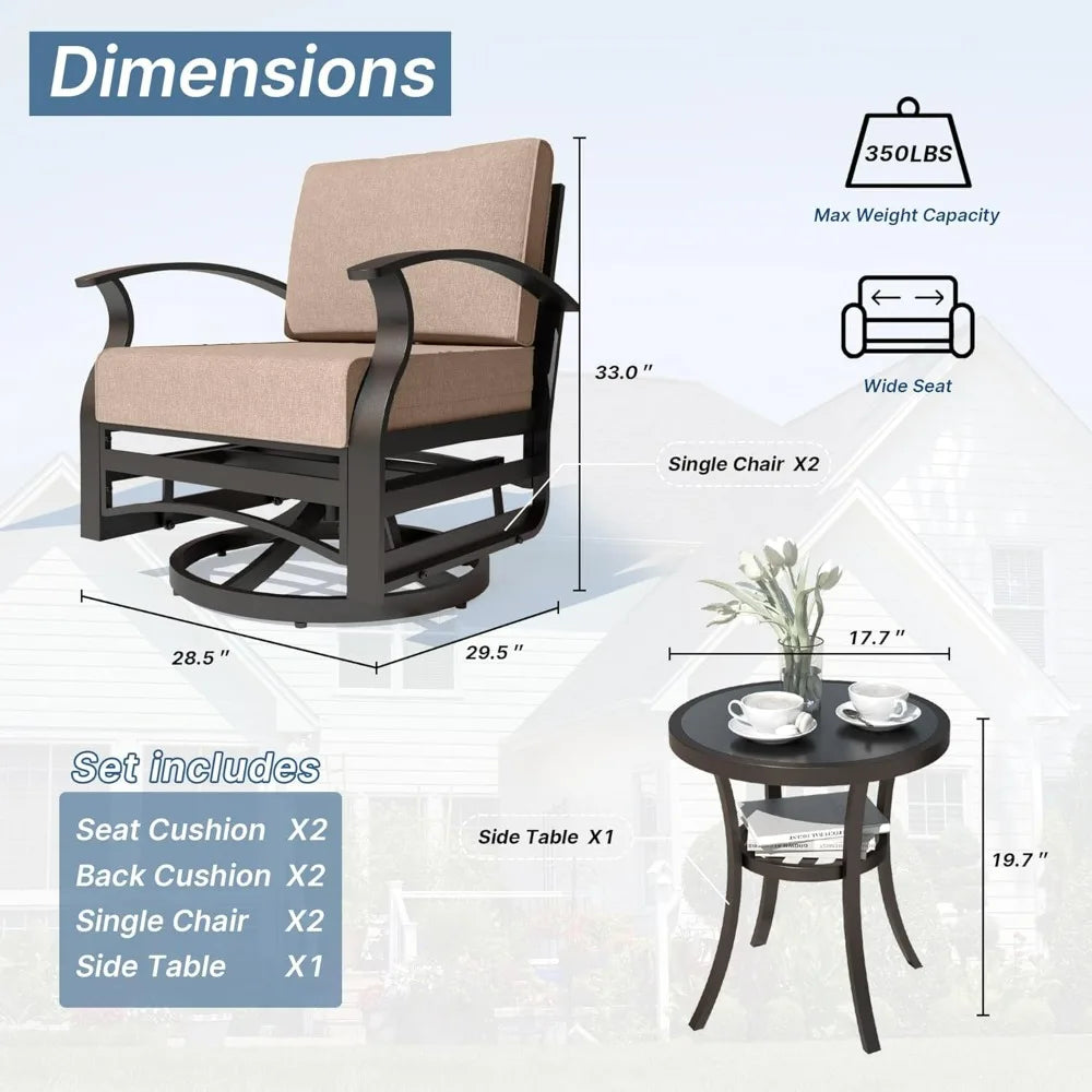 3 Pieces Patio Furniture Set, Swivel Rocking Gliders with Tempered Glass Side Table