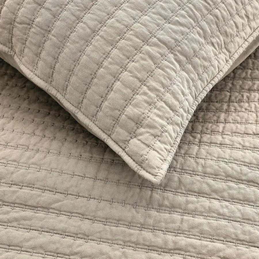 100 Cotton Queen Size Quilt Set Beige Neutral Striped Pick Stitch Soft Lightweight Bedspread, Textured Like Linen, Farmhouse Cou