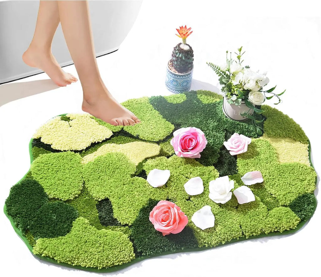 Cute Green Moss Bathroom Runner Rug  Boho Aesthetic Leaf Leaves  Non Slip Absorbent