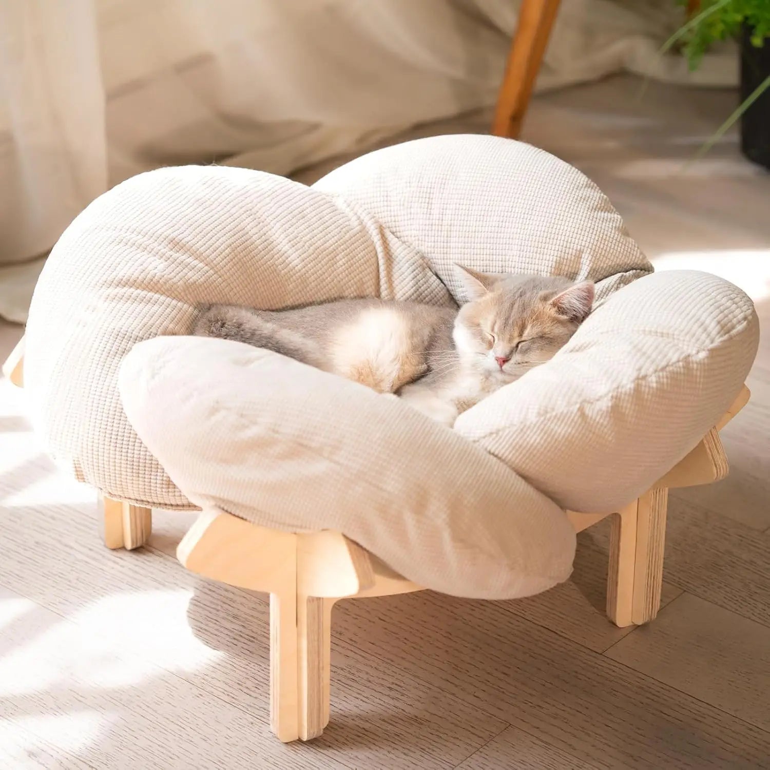 Elevated Cat Bed Wooden With Cushion Fluffy Pet Couch Sofa For Indoor Cats