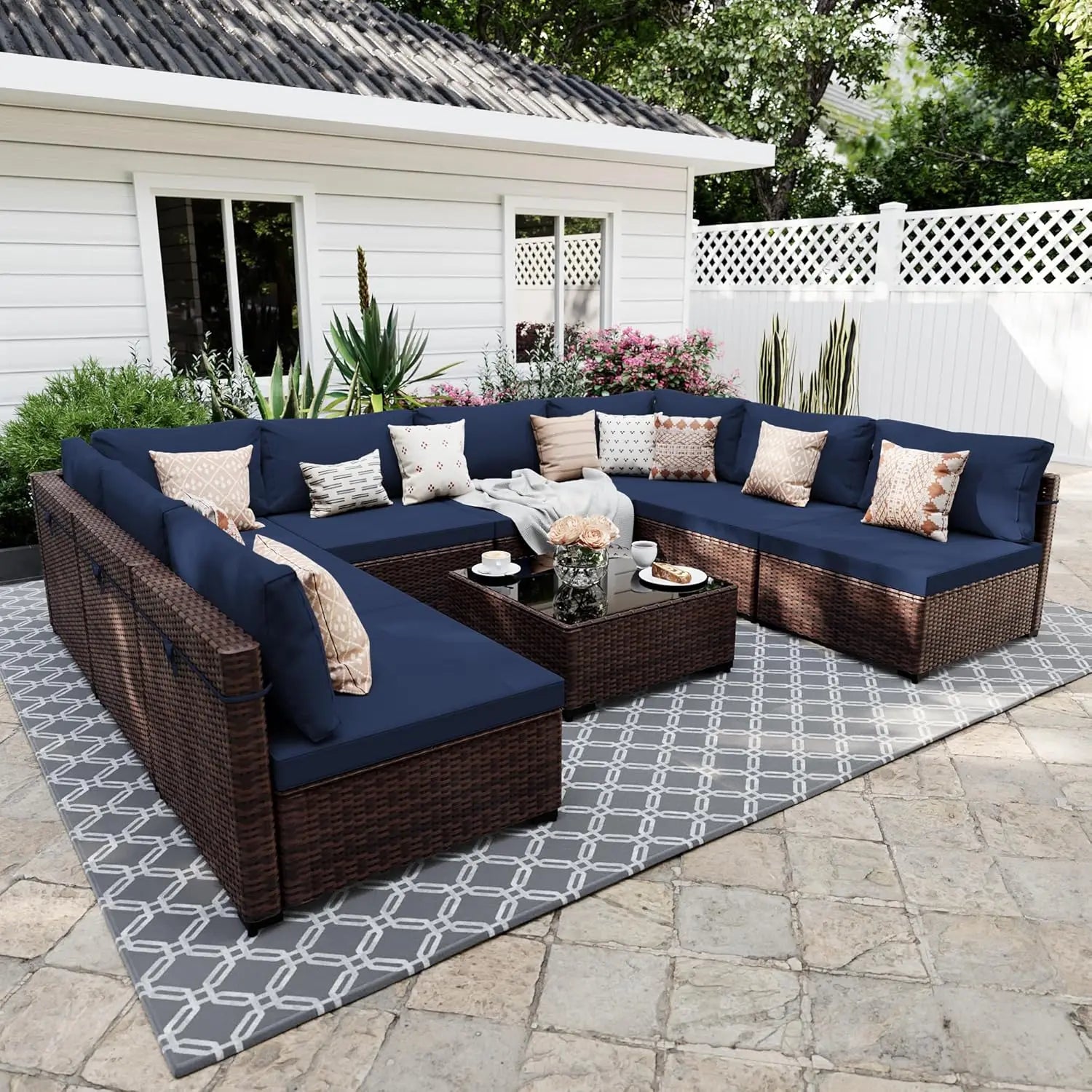 9 Pieces Patio Furniture Sets, Wicker Outdoor Sectional Sofa Couch with Coffee Table, Patio Conversation Set for, Customized
