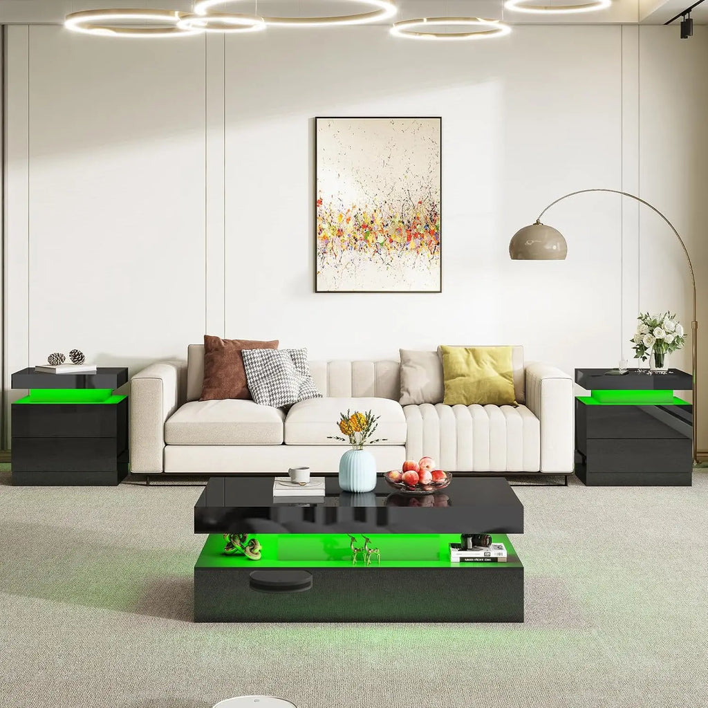 High Gloss LED Coffee Table, Modern 2-Tier Center Table with LED Lights,, 40in Simple, Customized