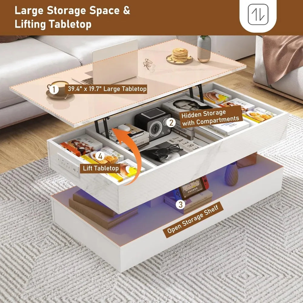 39.4" Lift Top LED Coffee Table with Charging, Lights, Storage - Modern White Living Room Center Table