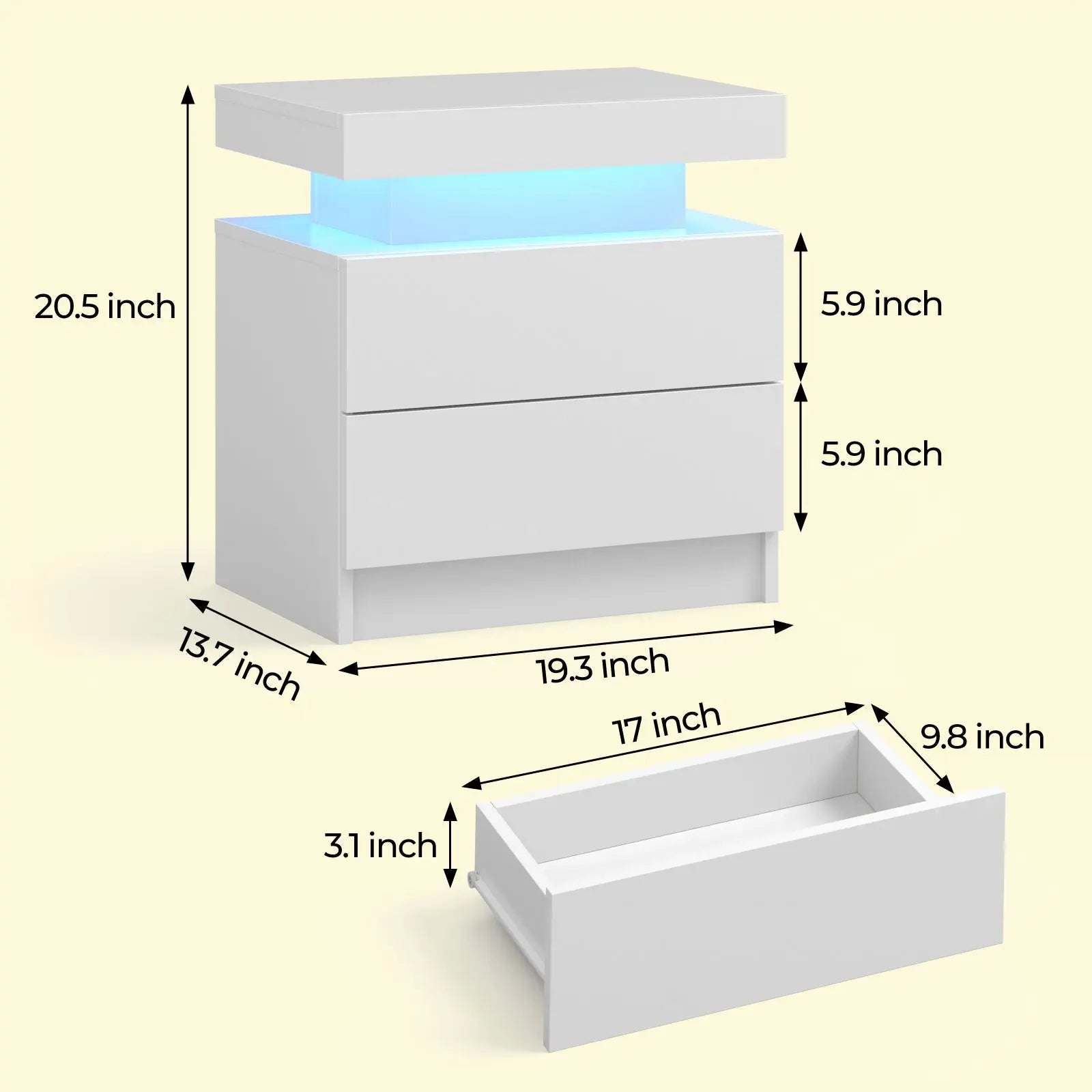 Cubehom LED Nightstand or End Table with 2 Drawers, RGB LED Lights