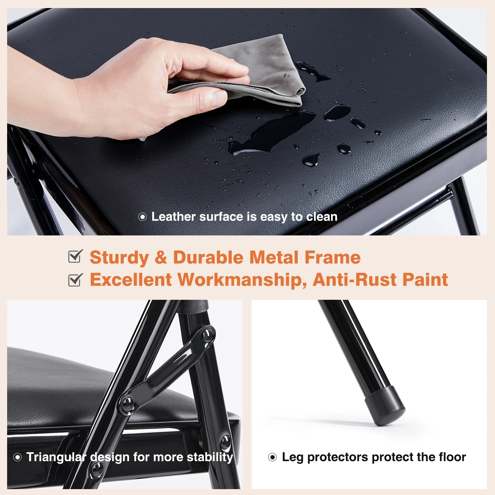 JHK Leather Padded Folding Chair 4 Pack Sturdy Metal