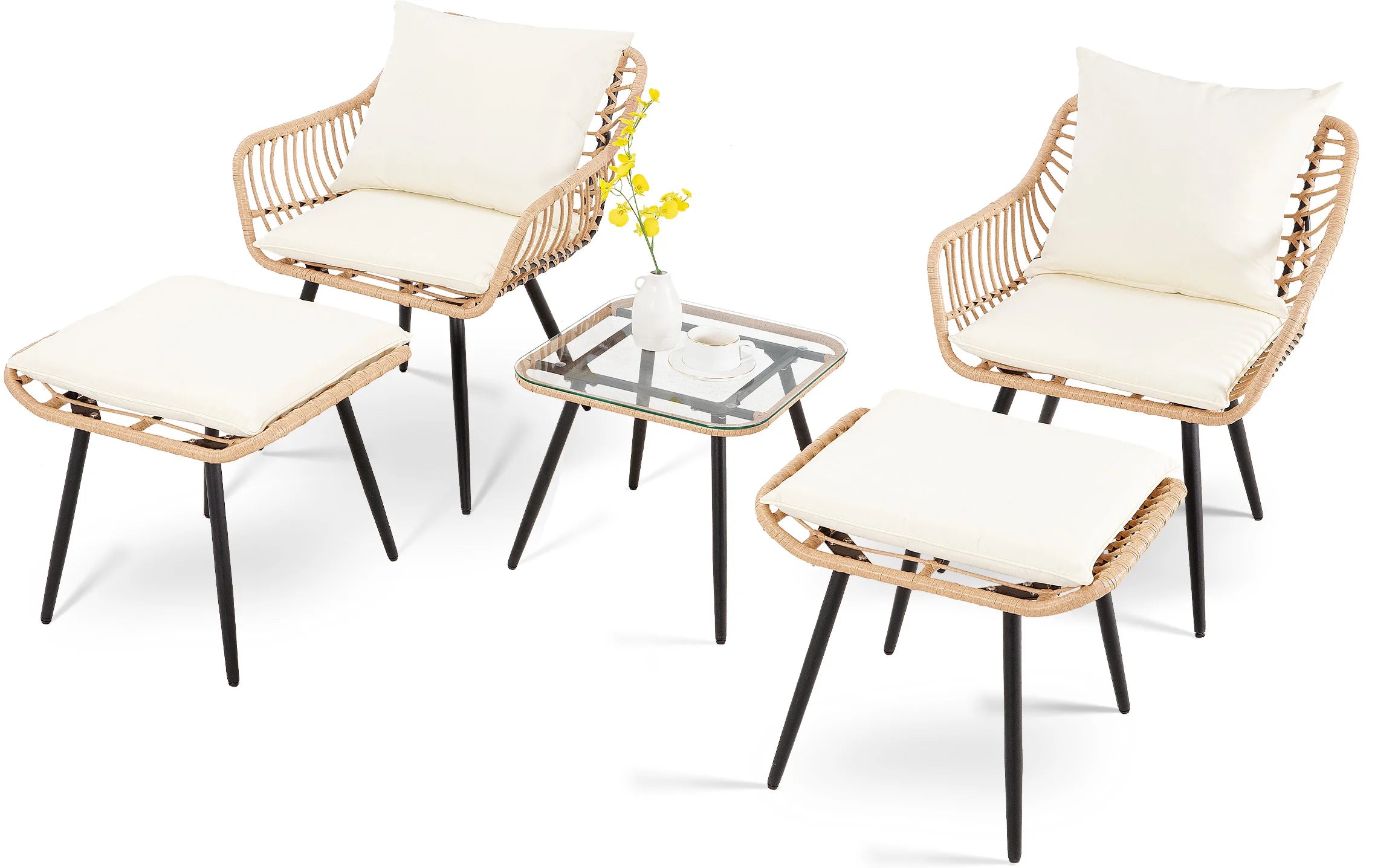 5 Piece Patio Furniture Set, Small Bistro Set, Rattan Chairs With Ottoman & Coffee Table