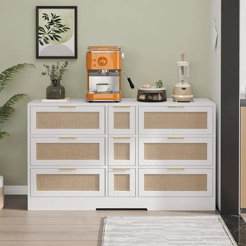 51.2” White Rattan Storage Locker with 9 Drawers and Metal Handles for Kitchen, Living Room, and Bedroom
