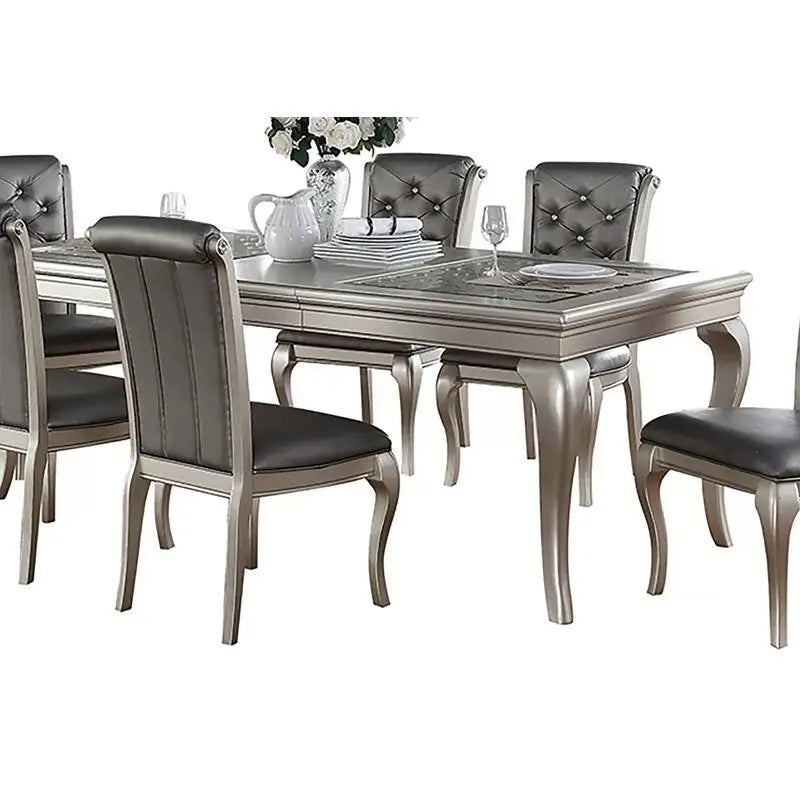 7pc Silver Hue Glass Dining Table Set with 6 Tufted Side Chairs