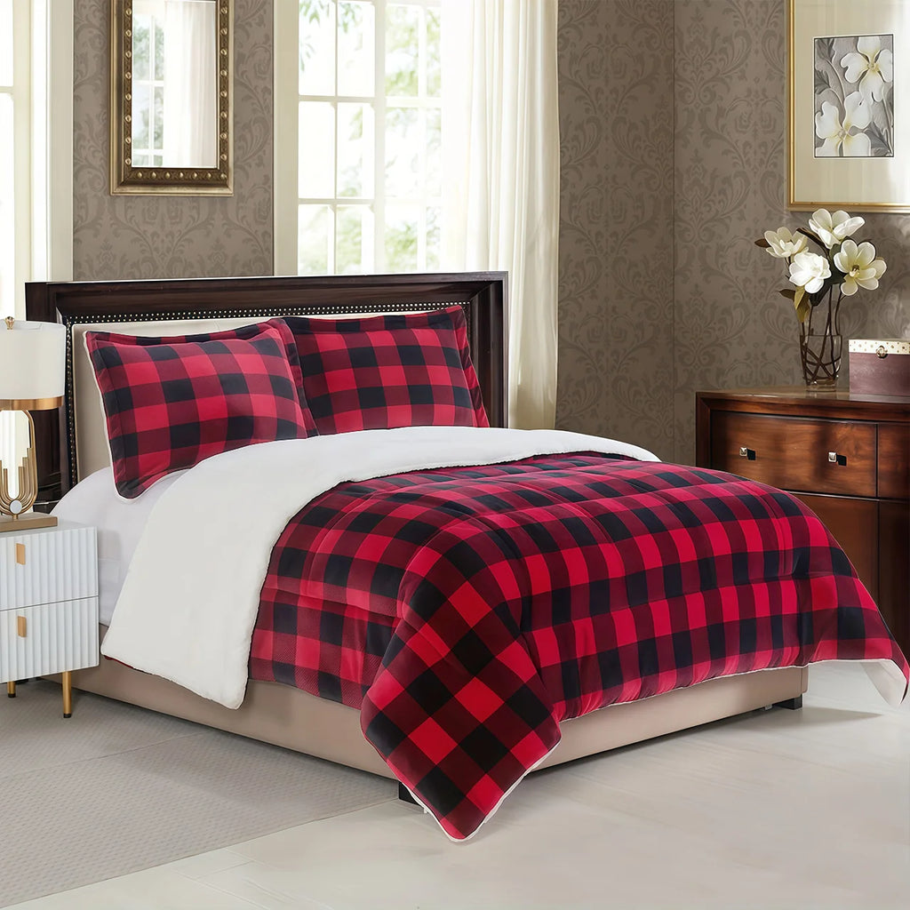 1pc Cozy Sherpa Fleece Buffalo Plaid Blanket -  Machine Washable,