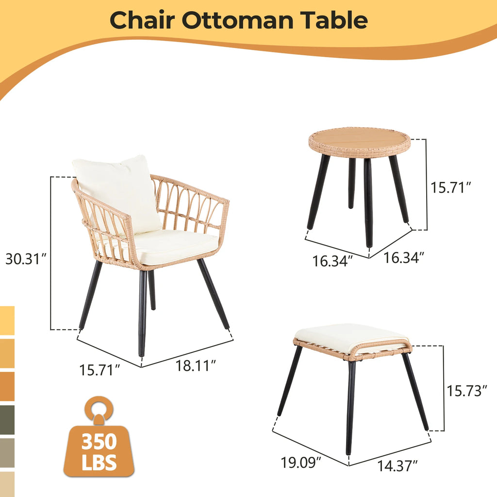 5 Piece Patio Furniture Set, Small Bistro Set, Rattan Chairs With Ottoman & Coffee Table