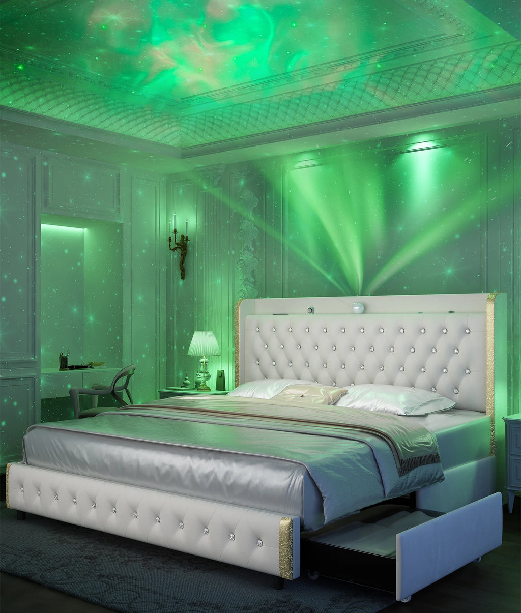 GEGOFORU LED Bed Frame with Galaxy Projector, Bluetooth Speaker, USB Ports, 4 Drawers, No Box Spring Needed, PU Black