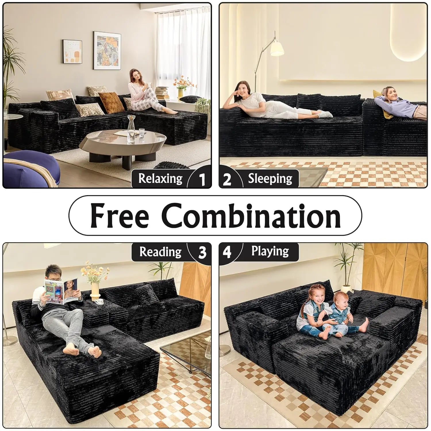Black sectional couches for Living Room Corduroy Couch，104" Cloud Sectional Couch with L-Shape Chaise， Modern, Customized