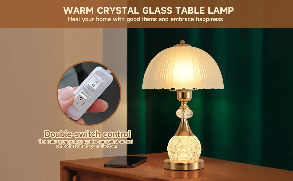 Bedside Table Lamp Petal Light Luxury Crystal Push Button Switch Control Dimming