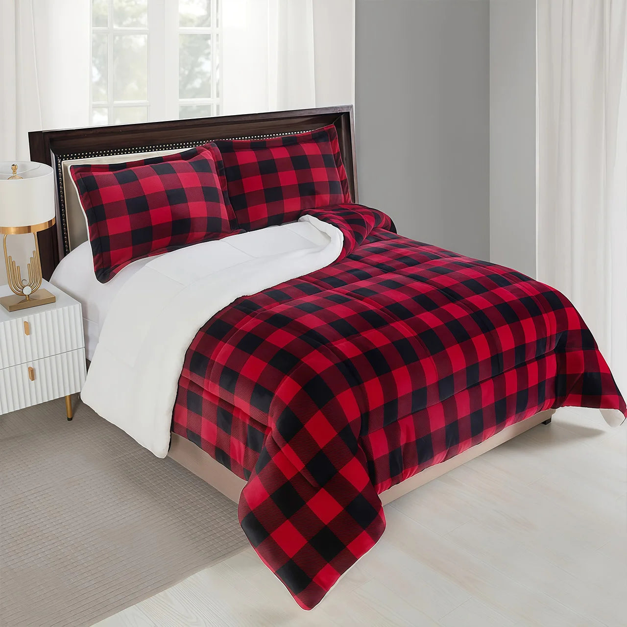 1pc Cozy Sherpa Fleece Buffalo Plaid Blanket -  Machine Washable,