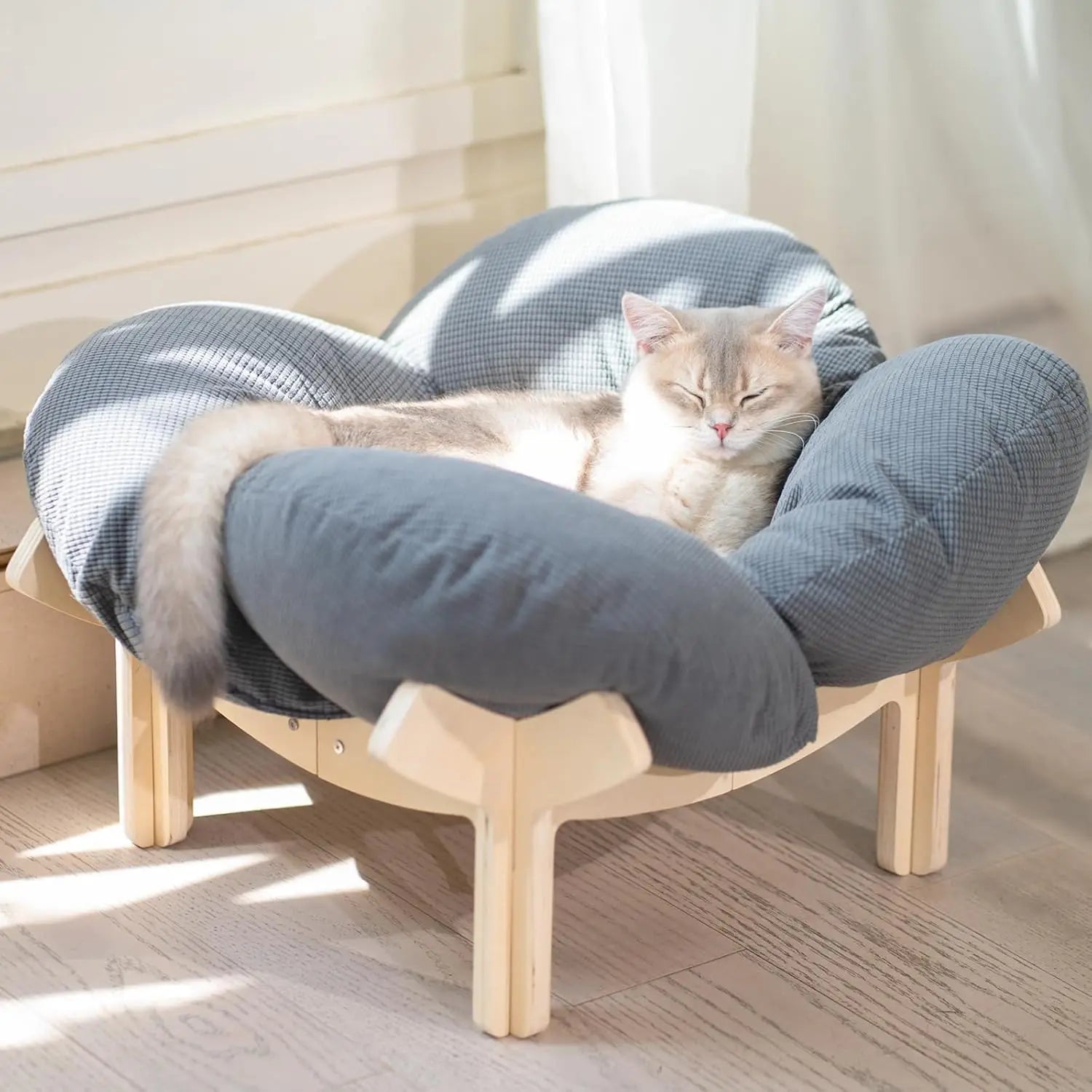 Elevated Cat Bed Wooden With Cushion Fluffy Pet Couch Sofa For Indoor Cats