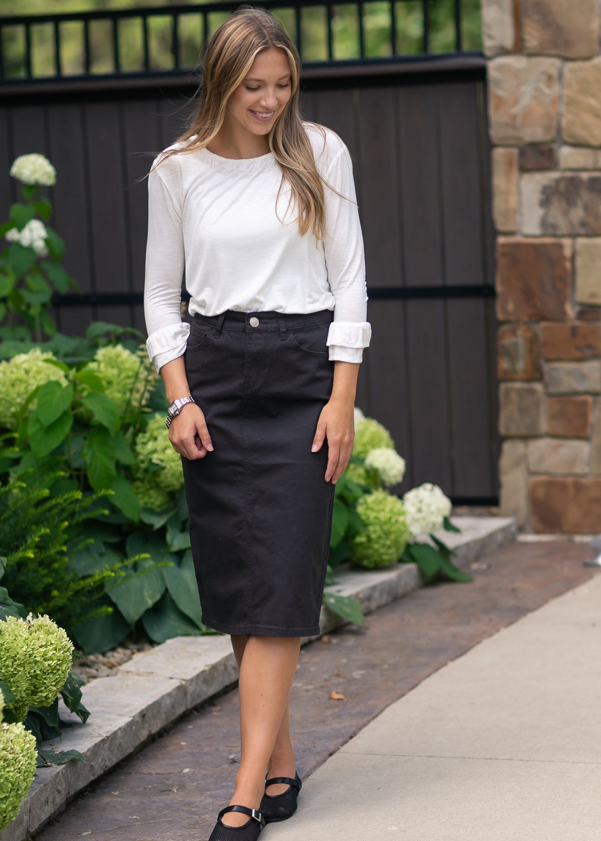 Remi Onyx Black Denim Midi Skirt