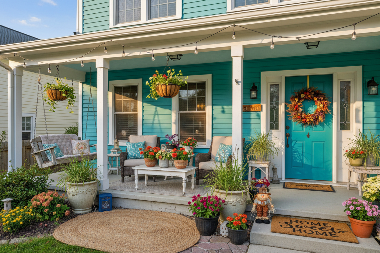 Teal Home with a cute decorated front porch